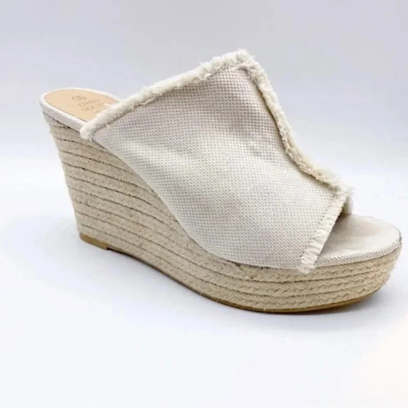 Oasis Society Espadrille Wedge Canvas Slid-On Platform Sandal Raw Hem Size 7.5 - Picture 1 of 10